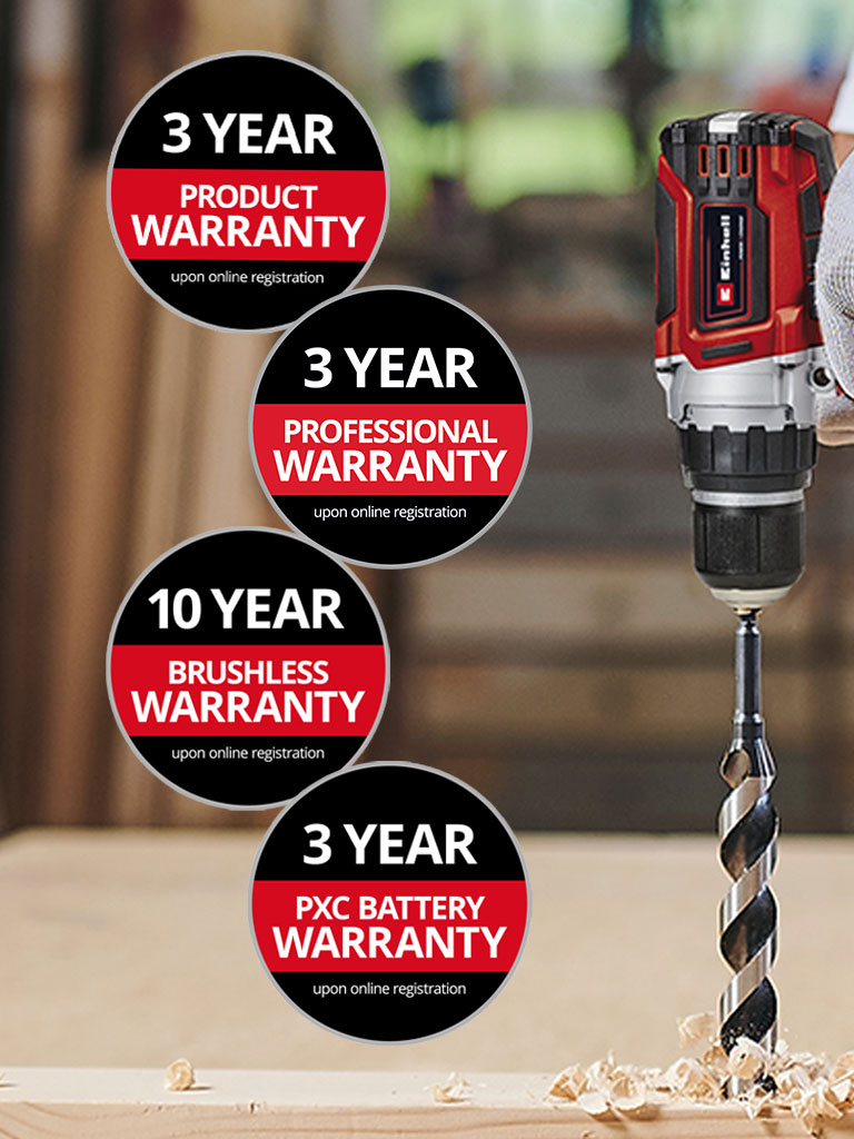 Here you can see a man in a workshop with an Einhell drill in use. In addition, the icons for the different types of warranty extension have been placed on the picture. The following warranty extensions are possible: ‘Product warranty’, ‘Professional warranty’, ‘Brushless warranty’, ‘Battery warranty’.