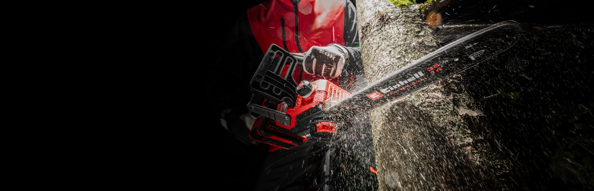 A man in red protective clothing saws into a tree with a chainsaw.